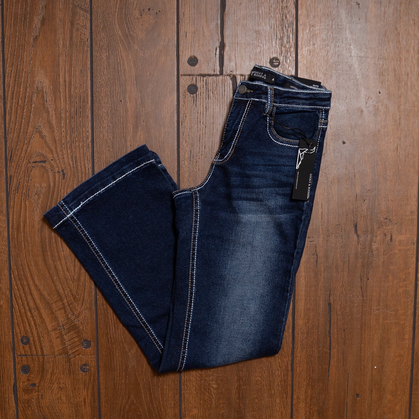 Lucky & Blessed Dark Wash High Rise Boot Cut Jeans with Embroidered Pockets – 32” Inseam