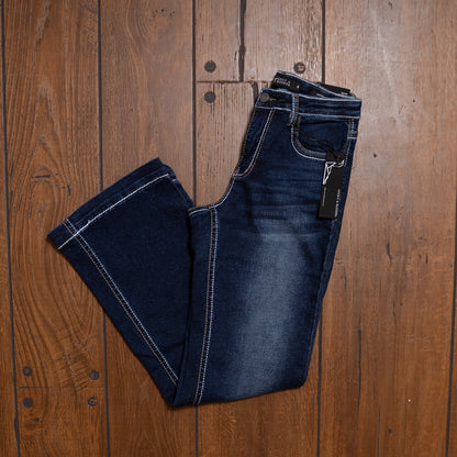 Lucky & Blessed Dark Wash High Rise Boot Cut Jeans with Embroidered Pockets – 32” Inseam