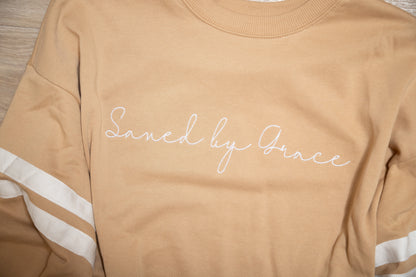 Saved by Grace Embroidered Sweatshirt – Faith Graphic Pullover with Varsity Stripes