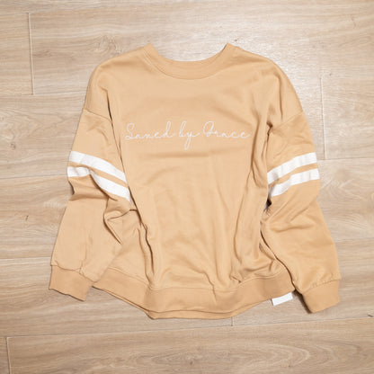Saved by Grace Embroidered Sweatshirt – Faith Graphic Pullover with Varsity Stripes