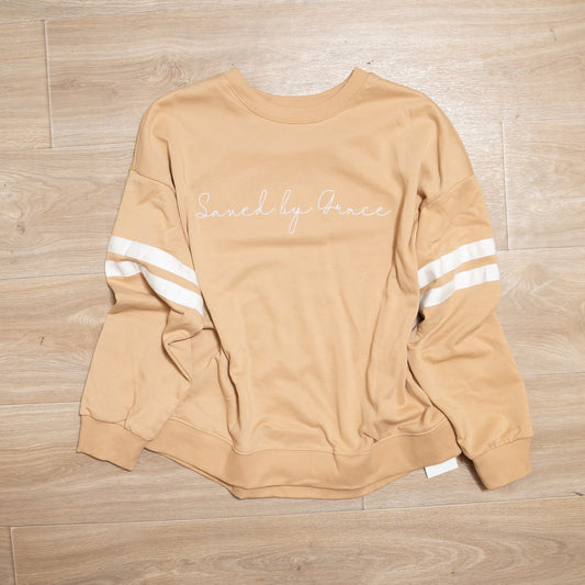 Saved by Grace Embroidered Sweatshirt – Faith Graphic Pullover with Varsity Stripes
