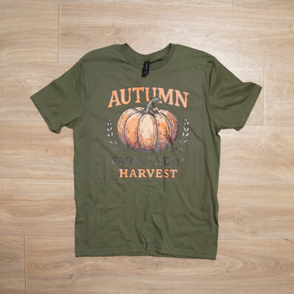 Autumn Farm Fresh Harvest Pumpkin Graphic Tee – Olive Green Fall T-Shirt