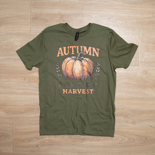 Autumn Farm Fresh Harvest Pumpkin Graphic Tee – Olive Green Fall T-Shirt