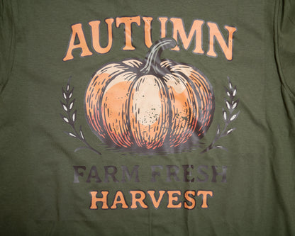 Autumn Farm Fresh Harvest Pumpkin Graphic Tee – Olive Green Fall T-Shirt