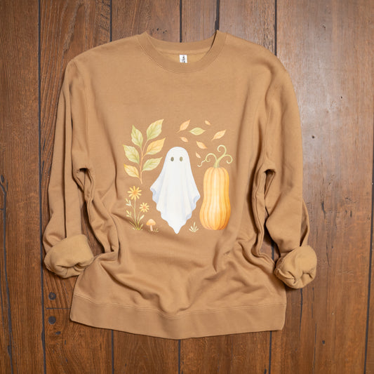 Fall Ghost and Pumpkin Crewneck – Cozy Autumn Graphic Sweatshirt