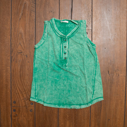 Zenana Washed Half‑Button Raw Edge Sleeveless Henley Top | Vintage Mineral Wash Tank