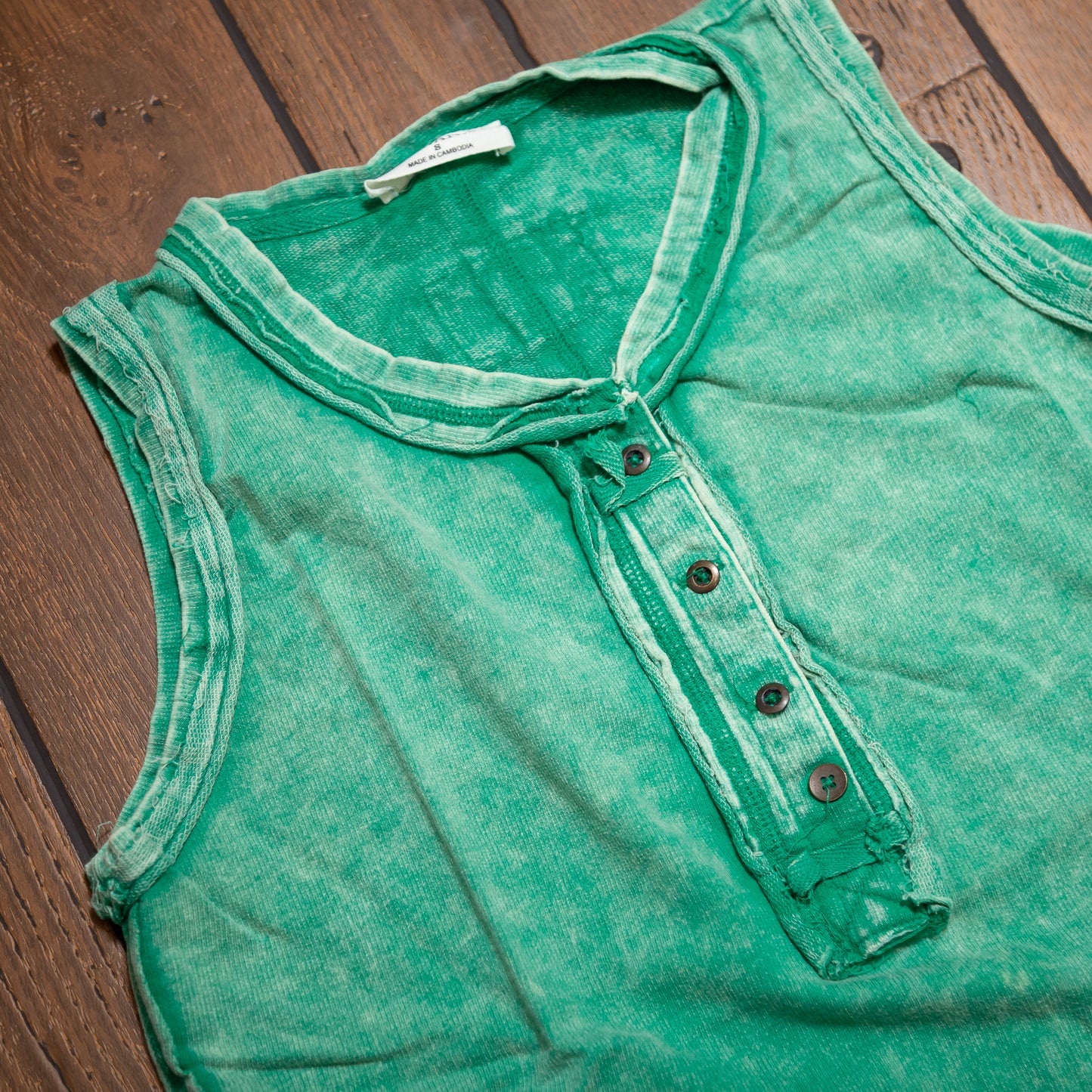 Zenana Washed Half‑Button Raw Edge Sleeveless Henley Top | Vintage Mineral Wash Tank
