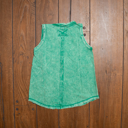 Zenana Washed Half‑Button Raw Edge Sleeveless Henley Top | Vintage Mineral Wash Tank
