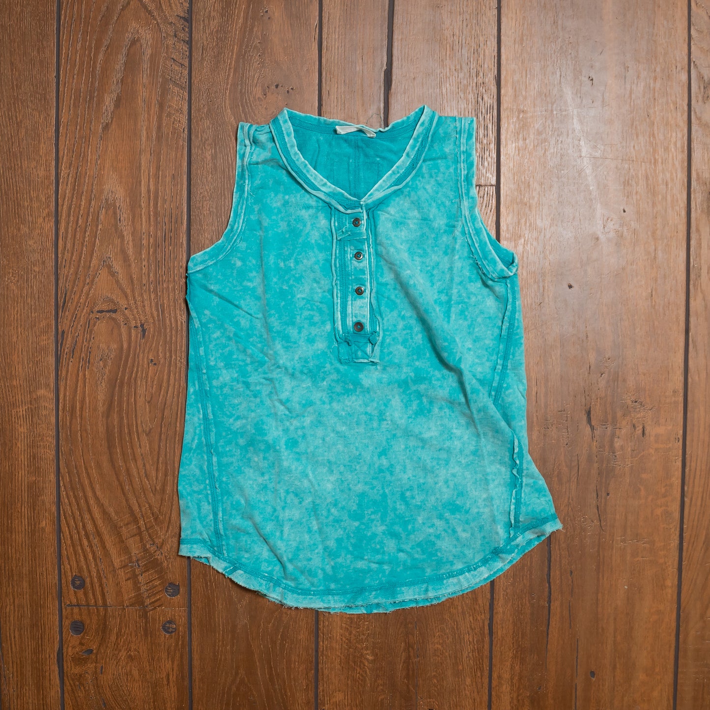Zenana Washed Half‑Button Raw Edge Sleeveless Henley Top | Vintage Mineral Wash Tank