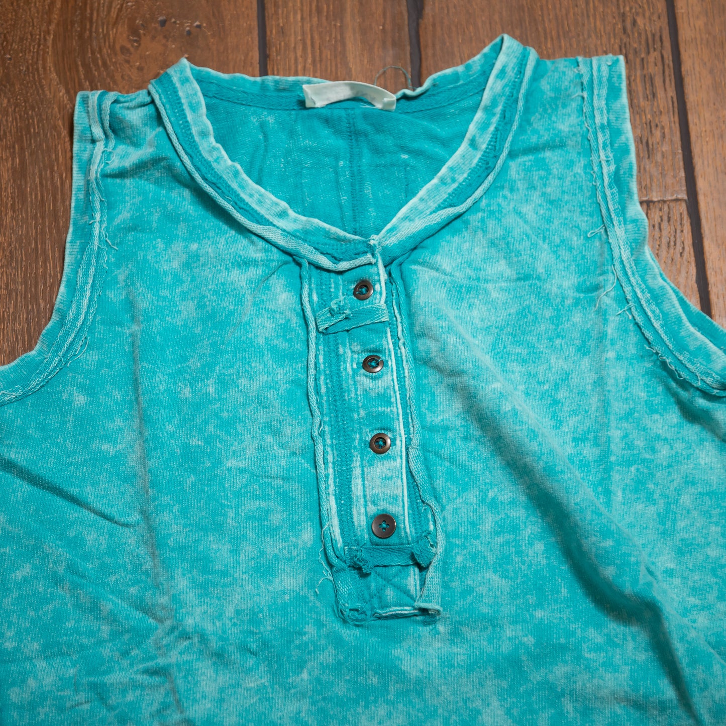 Zenana Washed Half‑Button Raw Edge Sleeveless Henley Top | Vintage Mineral Wash Tank