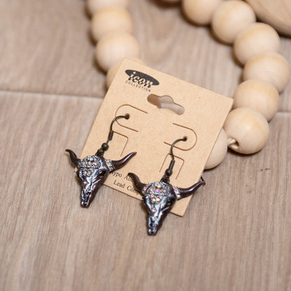 Rhinestone Rodeo Bull Skull Earrings | Western Statement Jewelry