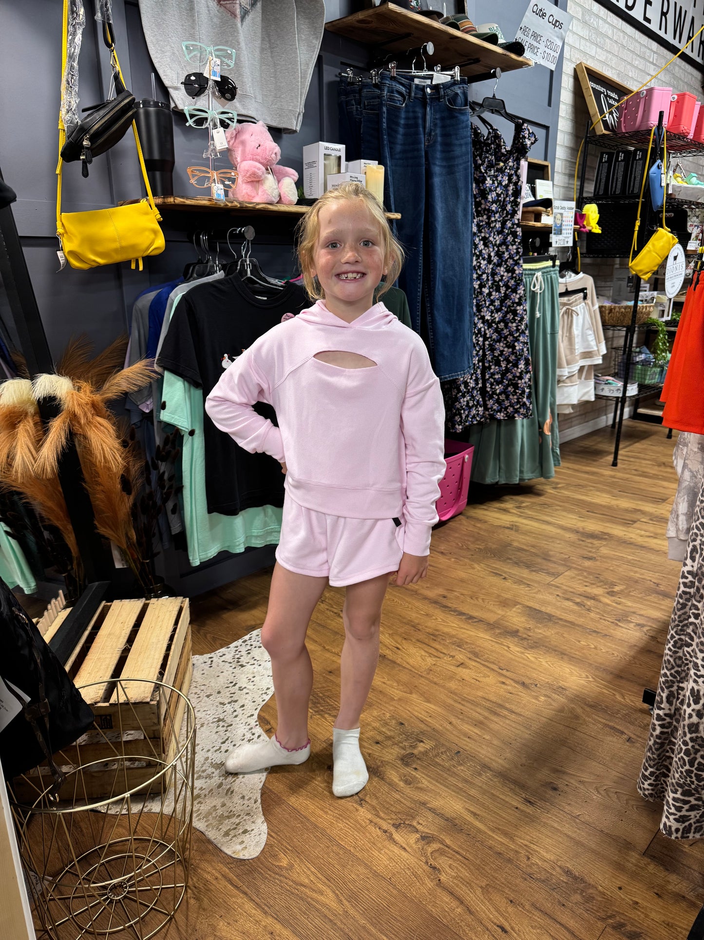 Girls Blush Waffle Hoodie & Shorts Set | Cozy Two-Piece Outfit