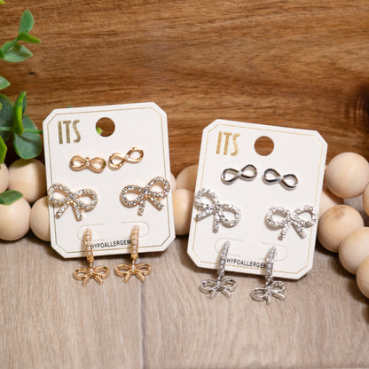 Forever Fancy Bow Earring Set | Gold & Silver Rhinestone Earrings