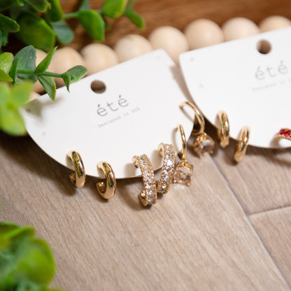 Holiday Spark Trio Earring Set | Gold Rhinestone Hoops & Drops