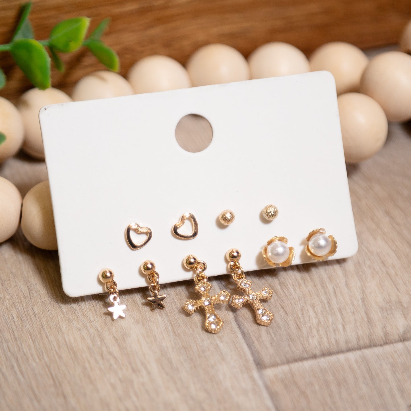 Golden Grace Earring Set | Faith, Pearl & Heart Studs