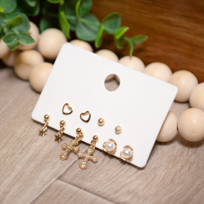 Golden Grace Earring Set | Faith, Pearl & Heart Studs