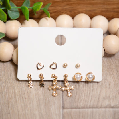 Golden Grace Earring Set | Faith, Pearl & Heart Studs
