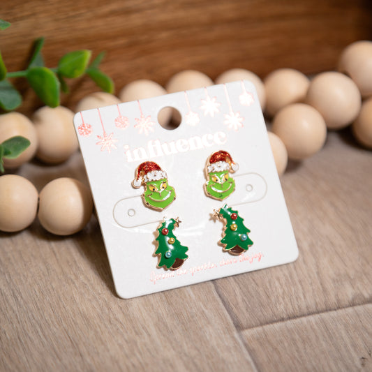 Resting Grinch Face Earring Set | Funny Christmas Earrings
