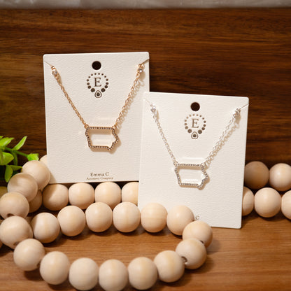 State Sparkle Necklace – Iowa & Missouri Outline in Gold or Silver (16" Chain)