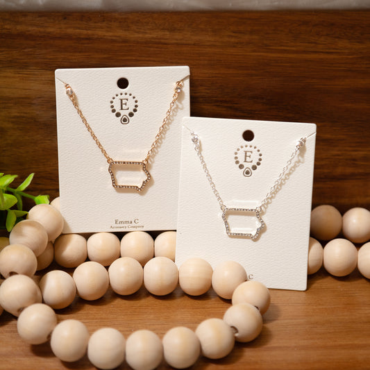 State Sparkle Necklace – Iowa & Missouri Outline in Gold or Silver (16" Chain)