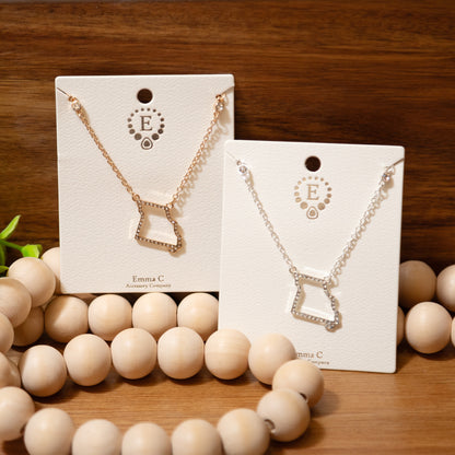 State Sparkle Necklace – Iowa & Missouri Outline in Gold or Silver (16" Chain)