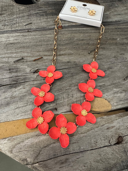 Coral Floral Necklace and Earring