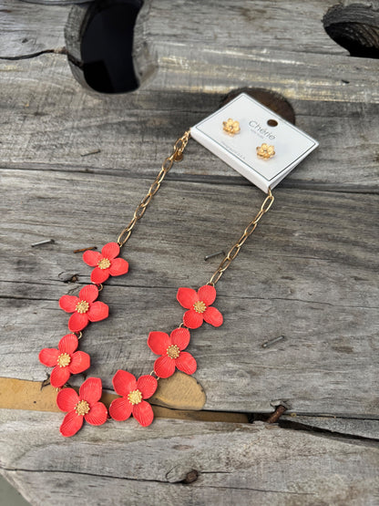 Coral Floral Necklace and Earring