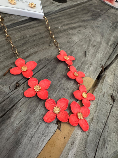 Coral Floral Necklace and Earring
