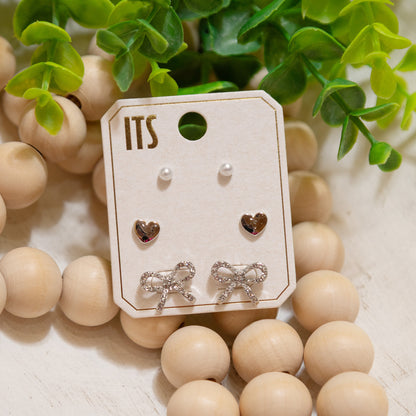 Triple Stud Earring Set – Pearl, Heart & Bow Stud Earrings (Gold or Silver)