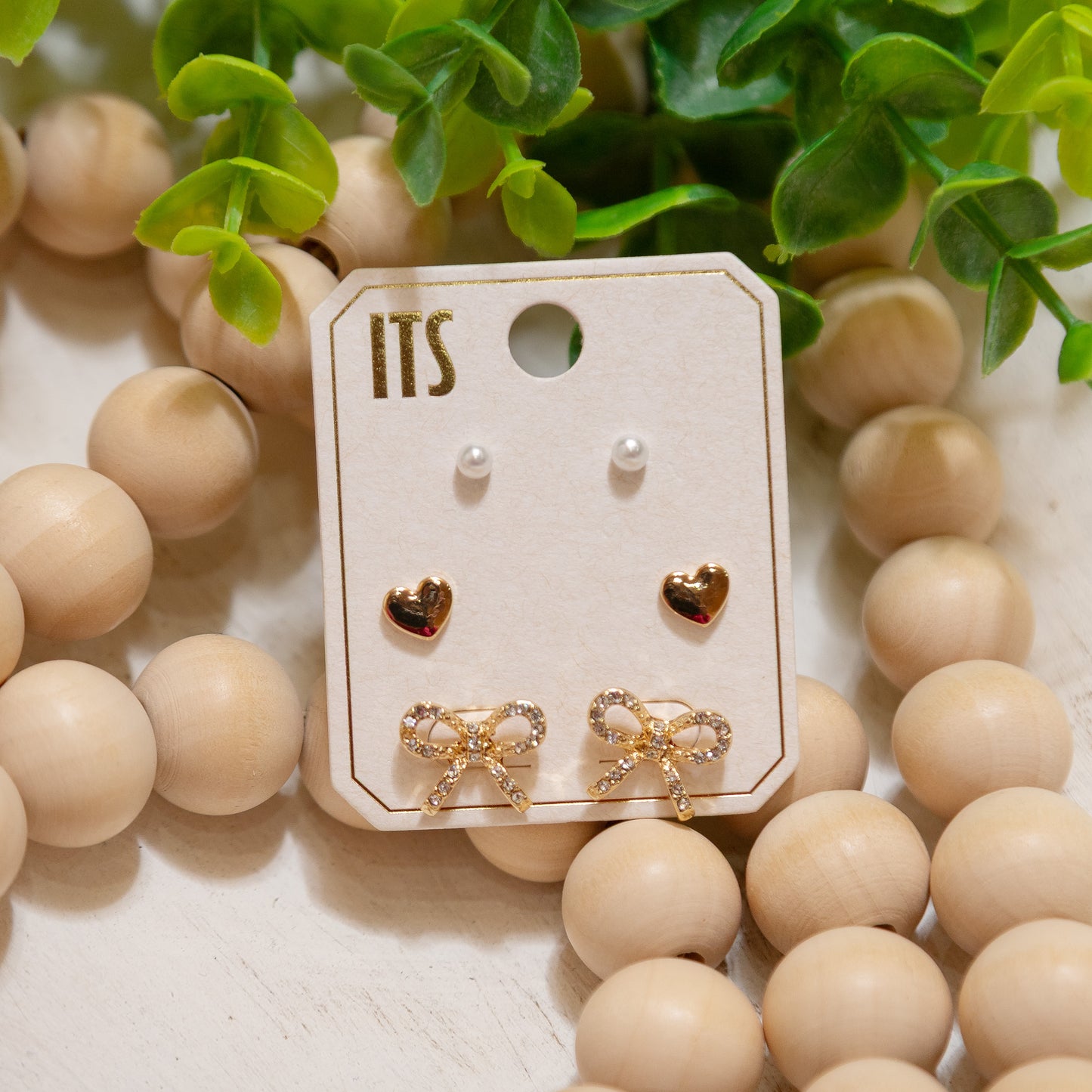 Triple Stud Earring Set – Pearl, Heart & Bow Stud Earrings (Gold or Silver)