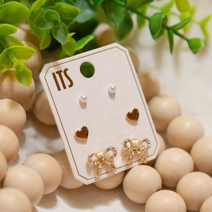 Triple Stud Earring Set – Pearl, Heart & Bow Stud Earrings (Gold or Silver)