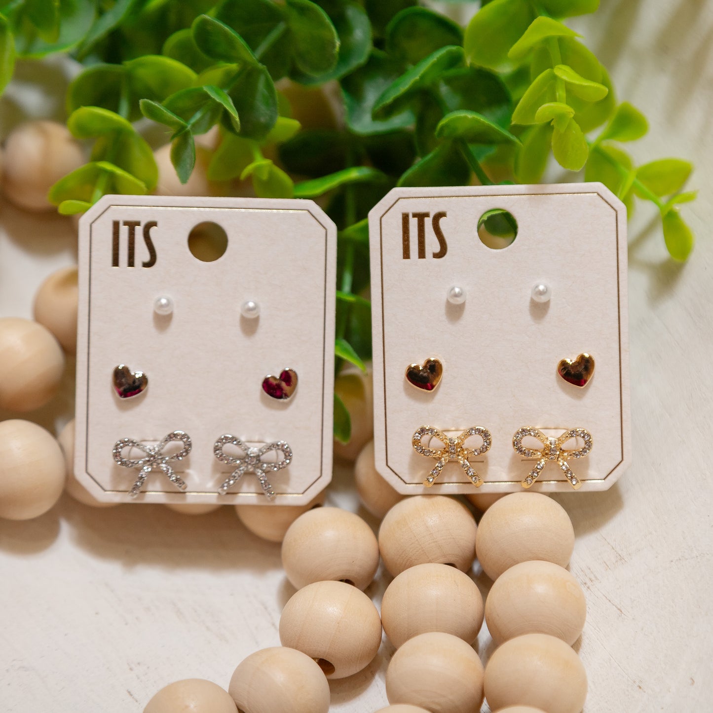 Triple Stud Earring Set – Pearl, Heart & Bow Stud Earrings (Gold or Silver)