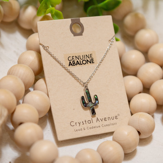 Desert Glow Abalone Cactus Necklace ✨ – Genuine Abalone Cactus Pendant Necklace (Silver Tone)