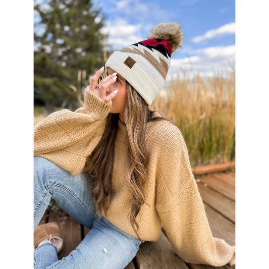 Aztec Natural Faux Fur Pom C.C Beanie YJ1000