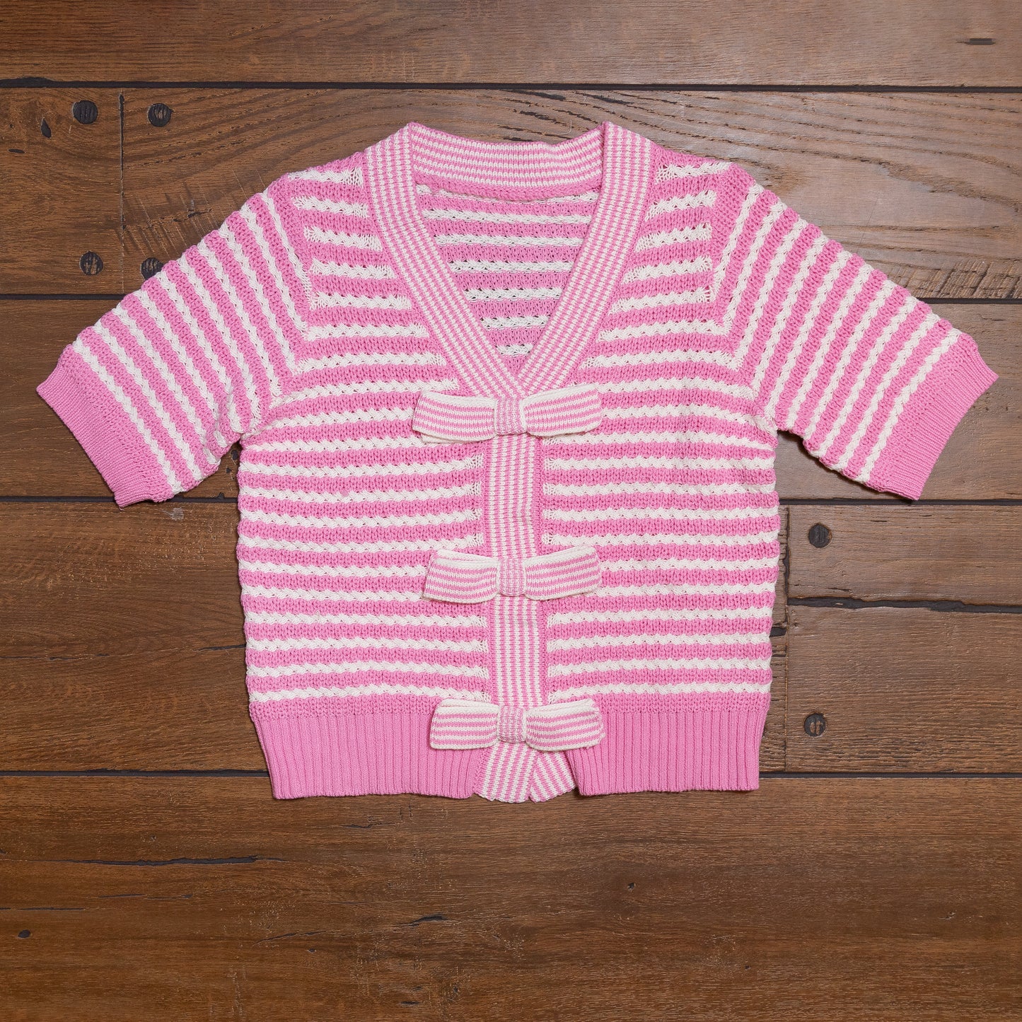 Sweet Stripe Bow V-Neck Short Sleeve Knit Sweater