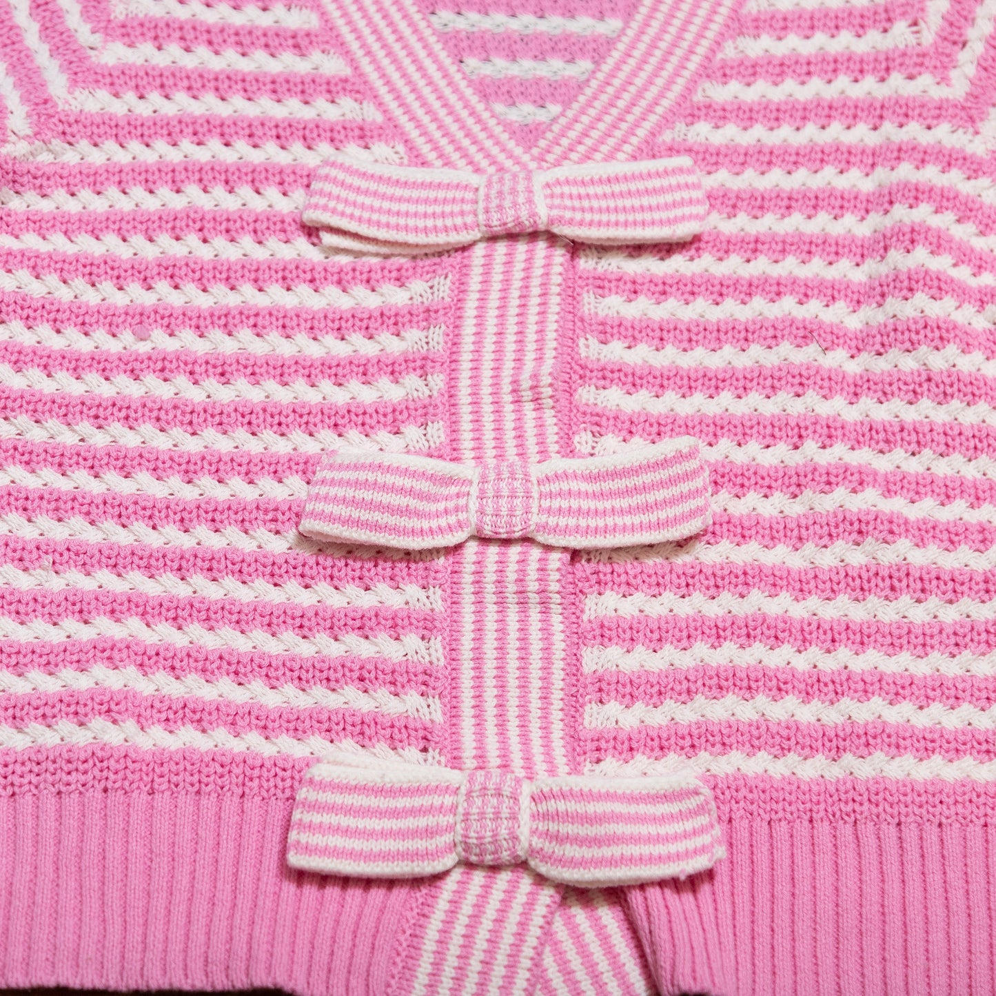 Sweet Stripe Bow V-Neck Short Sleeve Knit Sweater