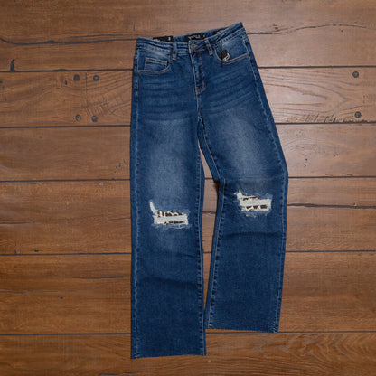Lucky & Blessed Dark Wash Leopard Patch Mid Rise Boyfriend Jeans JE539-LEO