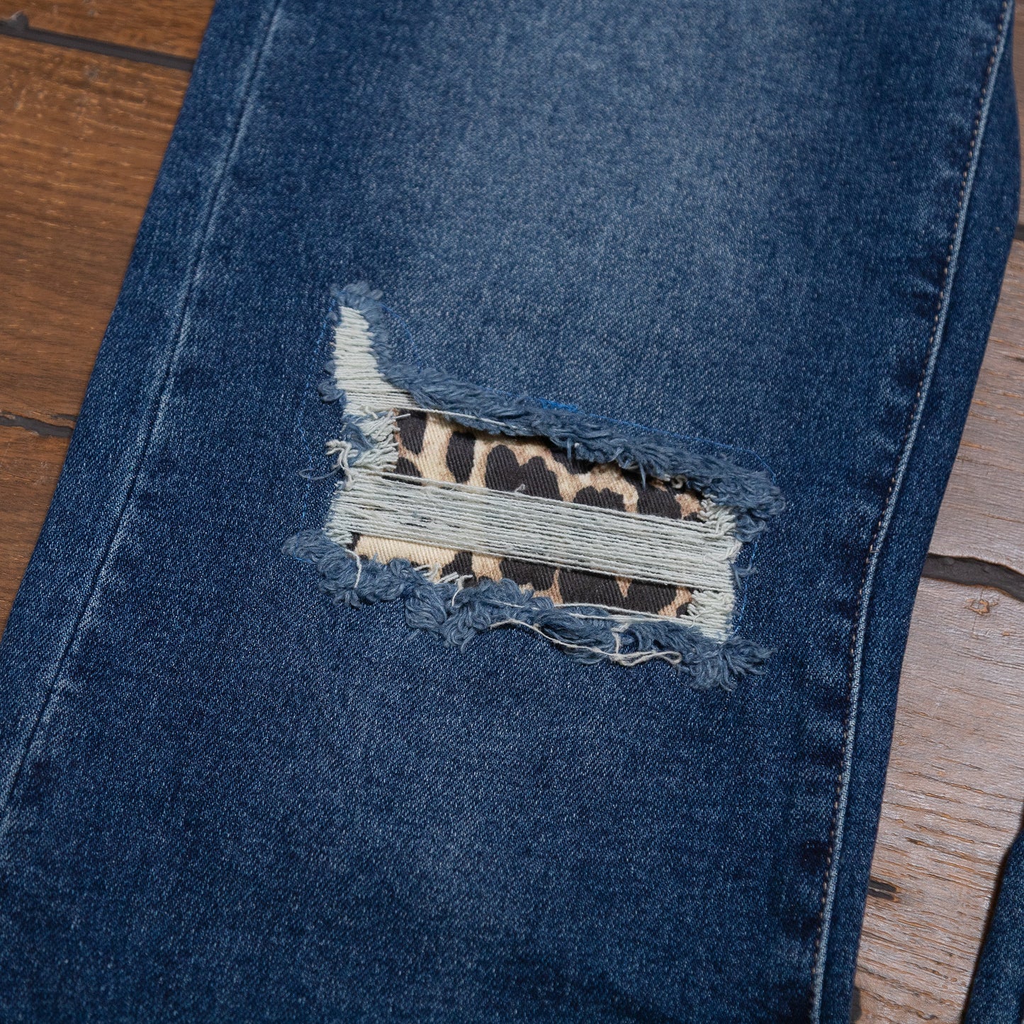 Lucky & Blessed Dark Wash Leopard Patch Mid Rise Boyfriend Jeans JE539-LEO