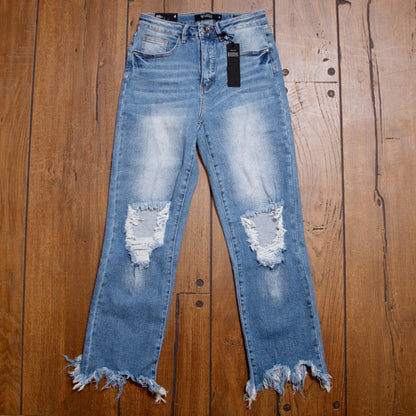 Lucky & Blessed High Rise Boyfriend Jeans – Mid Wash, Knee Rip & Frayed Hem (28.5" Inseam)