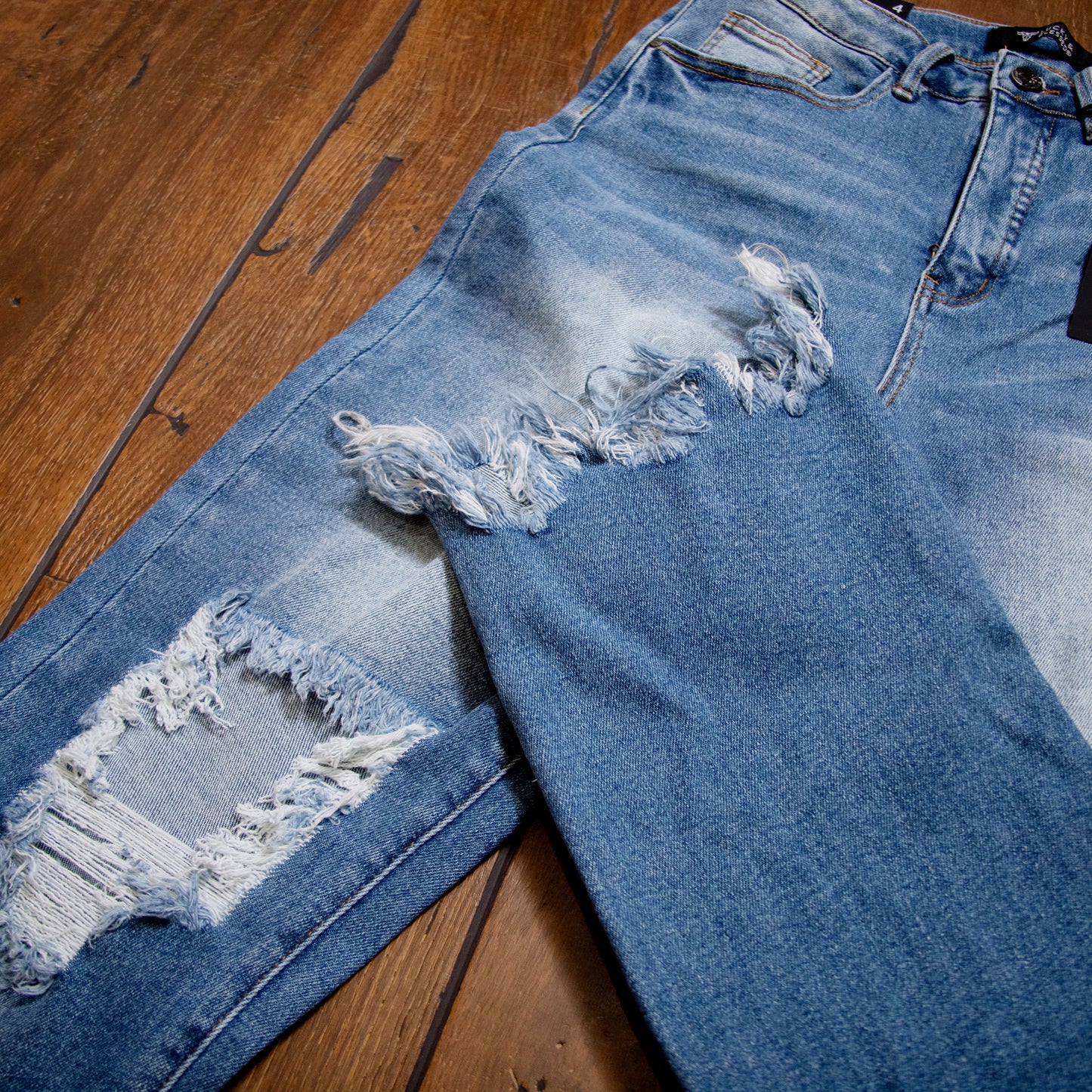 Lucky & Blessed High Rise Boyfriend Jeans – Mid Wash, Knee Rip & Frayed Hem (28.5" Inseam)
