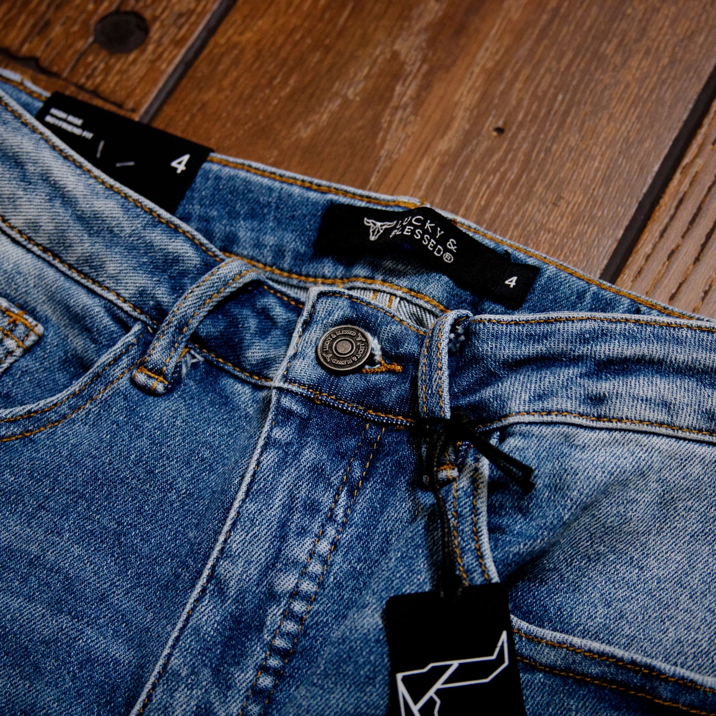 Lucky & Blessed High Rise Boyfriend Jeans – Mid Wash, Knee Rip & Frayed Hem (28.5" Inseam)