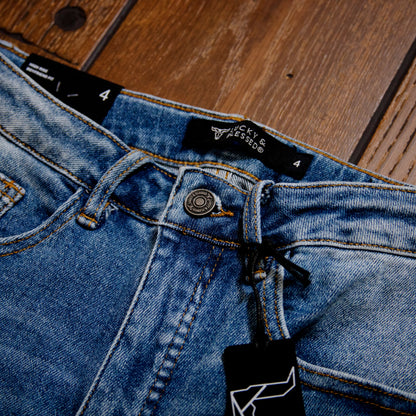Lucky & Blessed High Rise Boyfriend Jeans – Mid Wash, Knee Rip & Frayed Hem (28.5" Inseam)