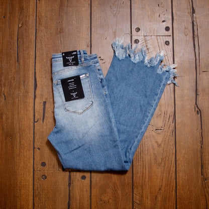 Lucky & Blessed High Rise Boyfriend Jeans – Mid Wash, Knee Rip & Frayed Hem (28.5" Inseam)