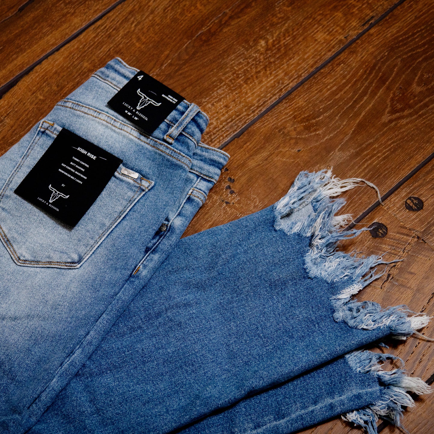 Lucky & Blessed High Rise Boyfriend Jeans – Mid Wash, Knee Rip & Frayed Hem (28.5" Inseam)