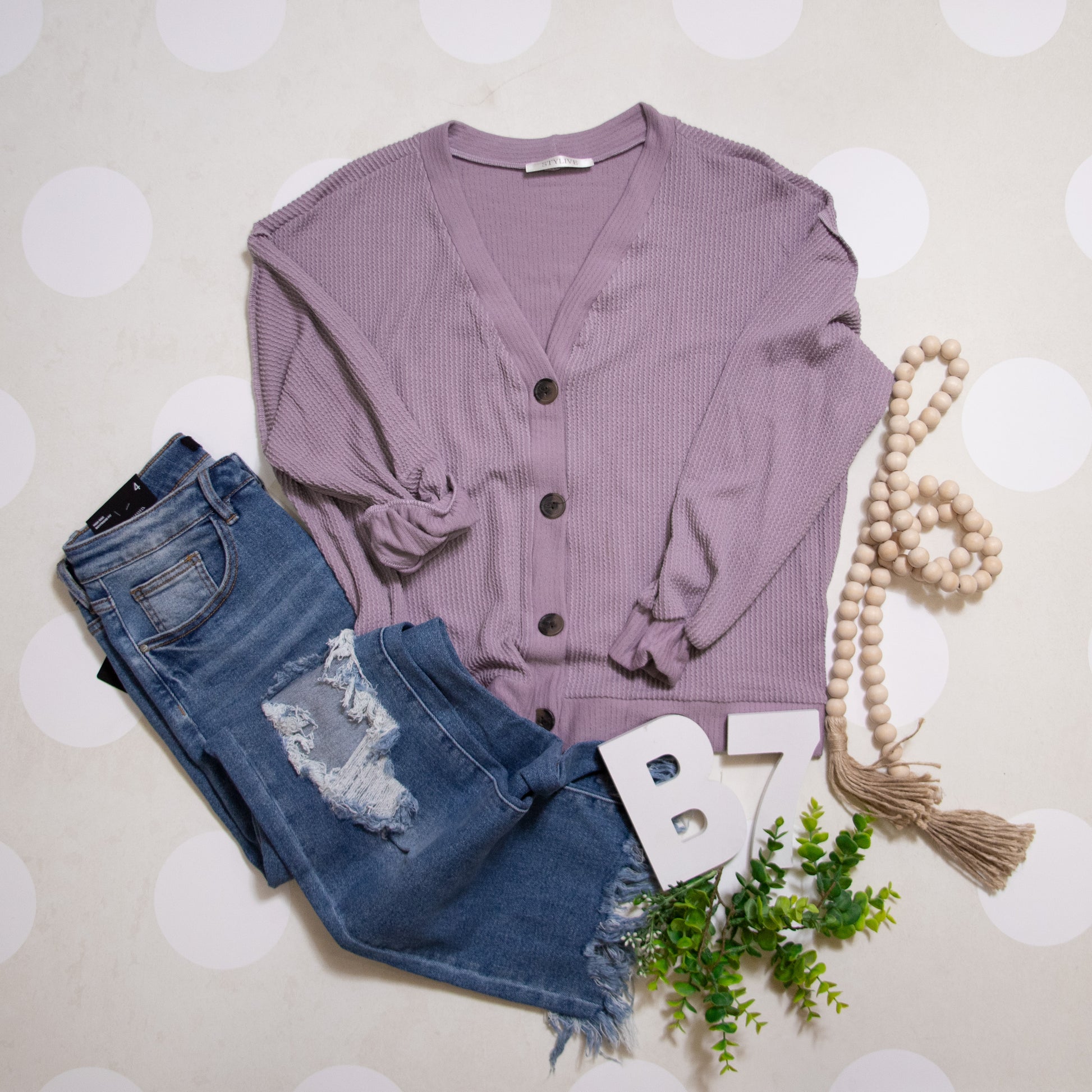Lavender Cozy Confidence Button Front Ribbed Knit Top for Women with Casual Outfit Inspiration