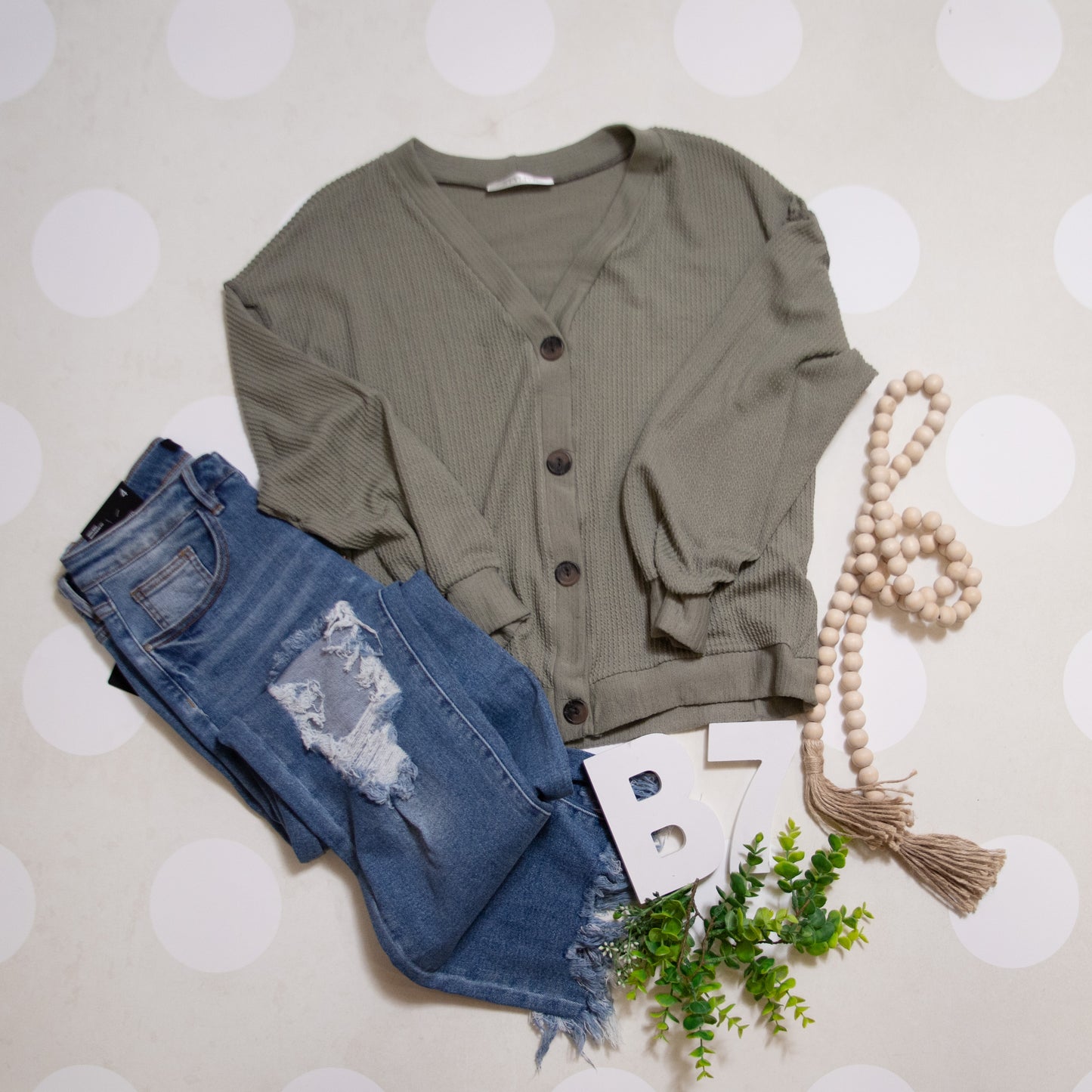 Light Olive Cozy Confidence Ribbed Knit Long Sleeve Top by Stylive Laid Flat with Jeans