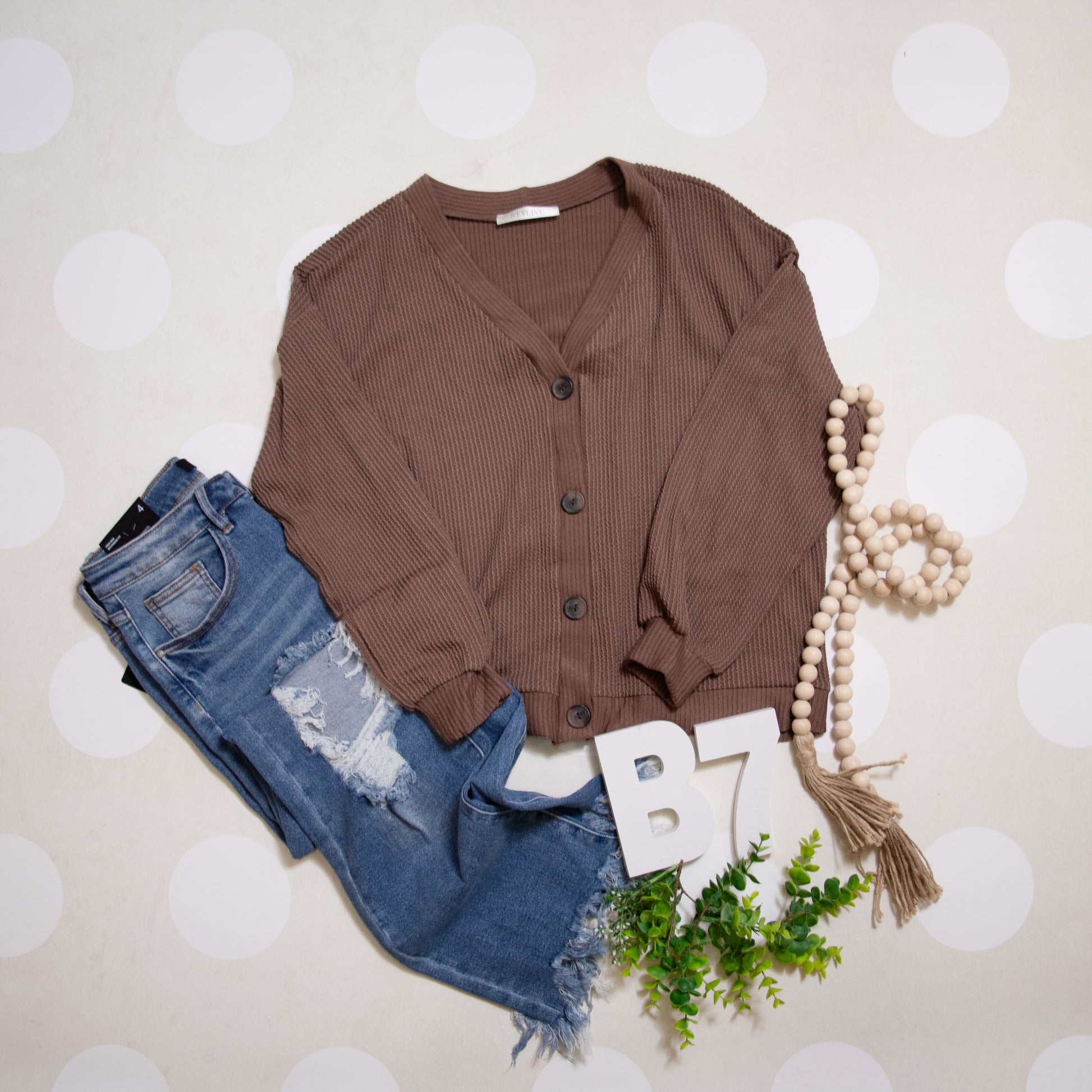 Brown Cozy Confidence Button Down Ribbed Knit Top Styled with Denim and Accessories