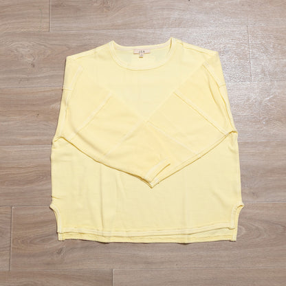 Butter Yellow Exposed Seam Long Sleeve Knit Top – Relaxed Cotton Blend Pullover
