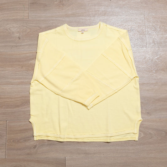 Butter Yellow Exposed Seam Long Sleeve Knit Top – Relaxed Cotton Blend Pullover