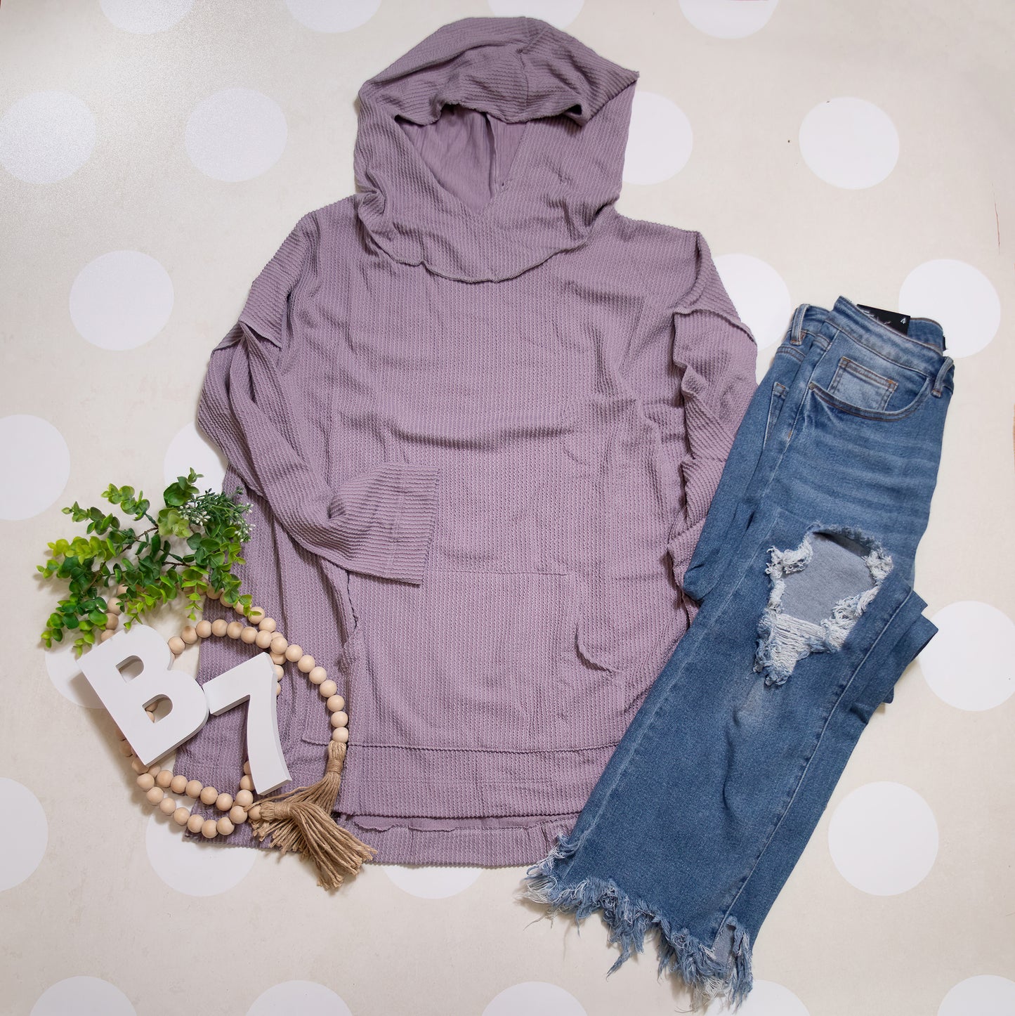 Lavender Stay Cozy Soft Textured Hoodie by Stylive with Trendy Distressed Jeans and Accessories